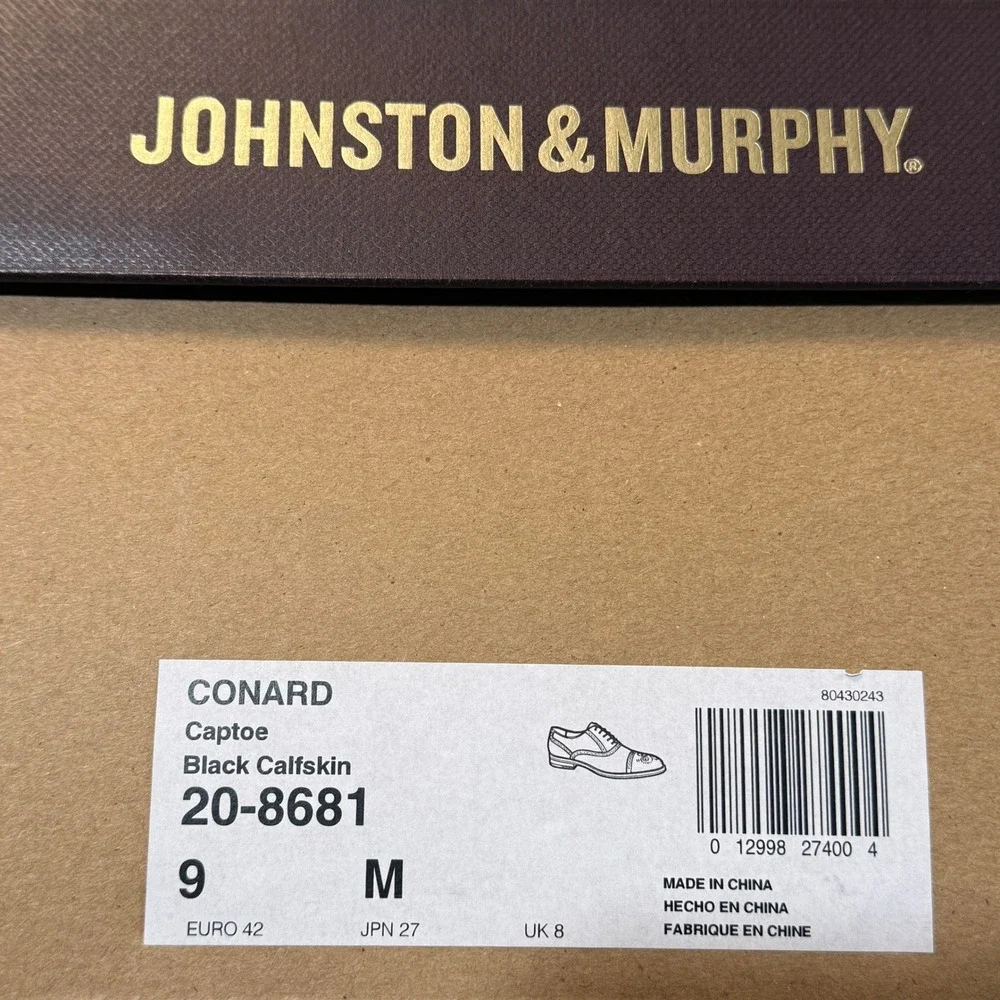 Johnston & Murphy Conard Captoe Black Calfskin Brogue Oxfords Mens 9 M New